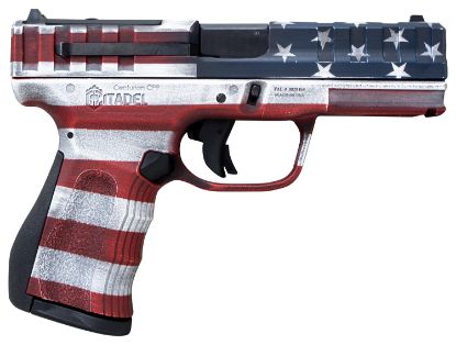 Picture of Citadel Citcp9usacan Centurion Cp9 Compact Frame 9Mm Luger 14+1, 4" Black Steel Barrel, American Flag Cerakote Optic Ready/Serrated Steel Slide, Polymer Frame & Grip, Features Matching Ammo Can 