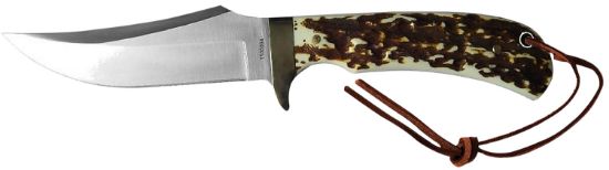 Picture of Uncle Henry Old 1100035 Next Gen Staglon 4.25" Skinner Plain Satin Stainless Steel Blade 4.25" Staglon Handle Features Brass Finger Guard Includes Sheath 