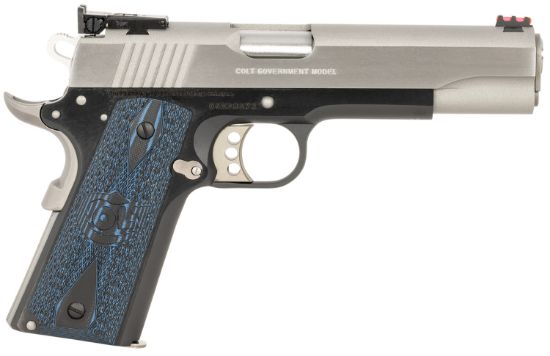 Picture of Colt Mfg O5970gcltt Gold Cup Lite 45 Acp 8+1 5" Stainless National Match Barrel, Brushed Stainless Serrated Slide, Black/Stainless Stainless Steel Frame W/Beavertail, Blue Scalloped Checkered G10 Grip