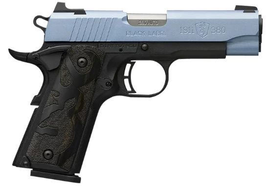 Picture of Browning 051990492 1911-380 Black Label Compact Frame 380 Acp 8+1, 3.63" Matte Stainless Steel Barrel, Polar Blue Cerakote Serrated Stainless Steel Slide, Matte Black Polymer Frame W/Beavertail 