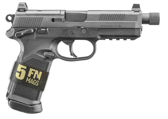 Picture of Fn 66101632 Fnx Tactical Bundle 45 Acp 15+1, 5.30" Black Steel Threaded Barrel, Black Pvd Serrated Stainless Steel Slide & Polymer Frame W/Picatinny Rail, Ambidextrous, 5 Magazines 