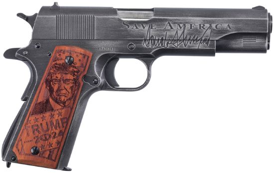 Picture of Auto-Ordnance 1911Bkoc12 1911 Trump Save America 45 Acp 5" Barrel 7+1, Distressed Armor Black Cerakote, Carbon Steel Beavertail Frame, Serrated Engraved Slide, Custom Engraved Goncalo Wood Grip 