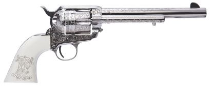 Picture of Cimarron Pp415lntrii Teddy Roosevelt Frontier 45 Colt (Lc) 6 Shot 7.50" Nickel-Plated Engraved Barrel, Cylinder & Frame, White W/Laser Engraved "T.R." Grip 