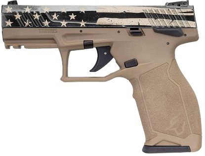 Picture of Taurus 1Tx2214110usd Tx22 Full Size Frame 22 Lr 10+1 4.10" Black Steel Threaded Barrel, Black Distressed Us Flag Cerakote Serrated Slide, Fde W/Black Controls Polymer Frame W/Picatinny Rail 