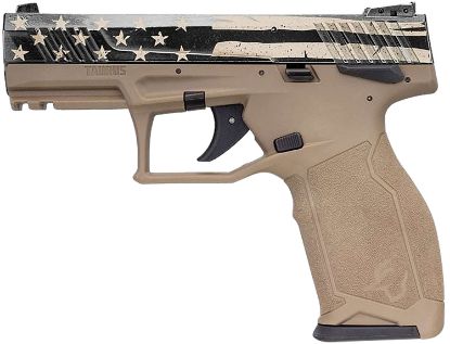 Picture of Taurus 1Tx22141usd Tx22 Full Size Frame 22 Lr 16+1 4.10" Black Steel Threaded Barrel, Black Distressed Us Flag Cerakote Serrated Slide, Flat Dark Earth Polymer Frame W/Picatinny Rail 