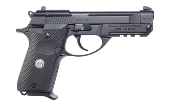 Picture of Eaa Girsan 390850 Mc 14T Solution Compact Frame 380 Acp 13+1, 4.50" Black Steel Tip-Up Barrel, Serrated Steel Slide & Aluminum Frame W/Picatinny Rail, Black Checkered Polymer Grip Ambidextrous 