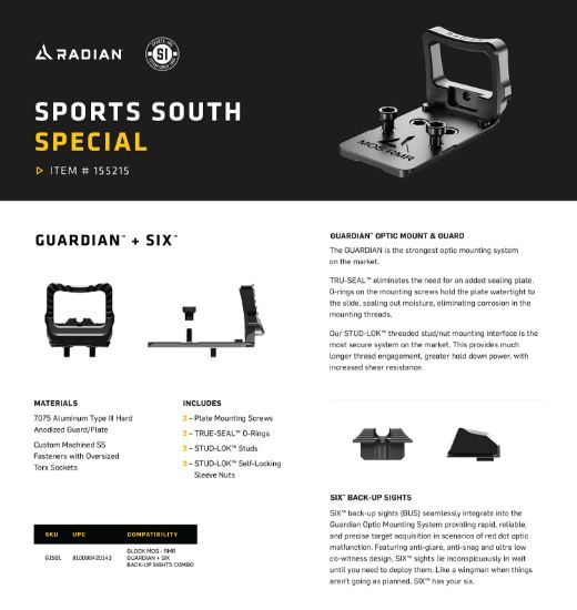 Picture of Radian Weapons G1501 Guardian Optic Guard W/Stealth Sights Black Anodized Hardcoat Aluminum Rmr Mount Compatible W/Glock Mos Handgun 