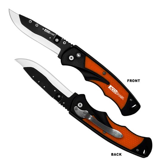 Picture of Accusharp 741C Replaceable Blade Razor 3.50" Folding Plain Stainless Steel Blade/Blaze Orange Ergonomic Anti-Slip Anodized Aluminum Handle/ Includes 2 Replacement Blades/Belt Clip 