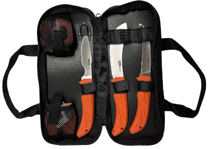 Picture of Accusharp 738C Processing Kit Fixed Butcher/Caping/Gutting Plain Stainless Steel Blades/Blaze Orange Non-Slip Grip 6 Piece Includes Nylon Case 