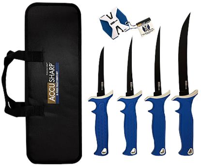 Picture of Accusharp 737C Knife Kit 4.75/5.50/6.50/8" Fixed Fillet Plain Satin Stainless Steel Blade/ Blue Non-Slip Grip Tpr Handle Includes 2-Step Sharpener 