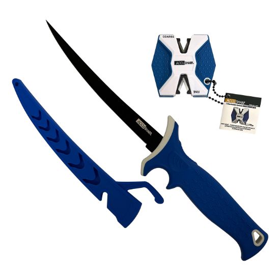 Picture of Accusharp 736C Fillet W/Sharpener 6.50" Fixed Fillet Plain Satin Titanium Coated Stainless Steel Blade/Royal Blue Ergonomic Anti-Slip Rubber Handle Includes 2-Step Sharpener 