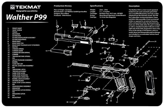 Picture of Tekmat Tekr17walp99 Walther P99 Cleaning Mat Walther P99 Parts Diagram 11" X 17" 