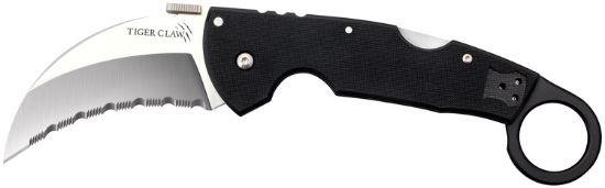 Picture of Cold Steel Cs22kfs Tiger Claw 3.50" Folding Hawkbill Serrated Stonewashed American S35vn Blade/6" Matte Black W/Ring G10 Handle Includes Belt Clip 