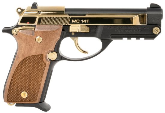 Picture of Girsan 390876 Mc 14T Solution Sports South Exclusive Compact 380 Acp 13+1 4.50" Gold Plated Steel Tip-Up Barrel, Serrated Slide & Aluminum Frame W/Accessory Rail, Walnut Checkered Grip Ambidextrous 