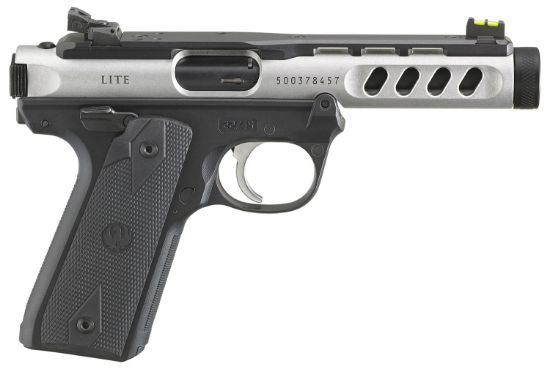 Picture of Ruger 43949 Mark Iv 22/45 Lite 22 Lr 10+1 4.40" Stainless Steel Threaded Barrel, Black/Stainless Anodized Optic Ready/Serrated/Ventilated Rib Slide, Polymer Frame W/Black Checkered 1911-Style Grips 