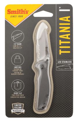 Picture of Smiths Products 51007 Titania I 2.20" Folding Drop Point Part Serrated Satin Titanium Coated Stainless Steel Blade/ Stainless Steel Handle Includes Pocket Clip 