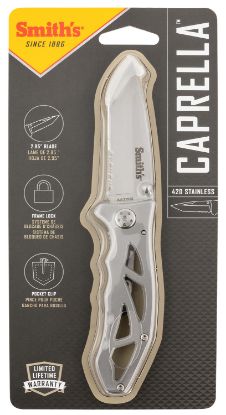Picture of Smiths Products 51009 Caprella 2.95" Folding Drop Point Part Serrated Bead Blasted 400 Ss Blade/Silver Skeletonized Stainless Steel Handle Includes Pocket Clip 