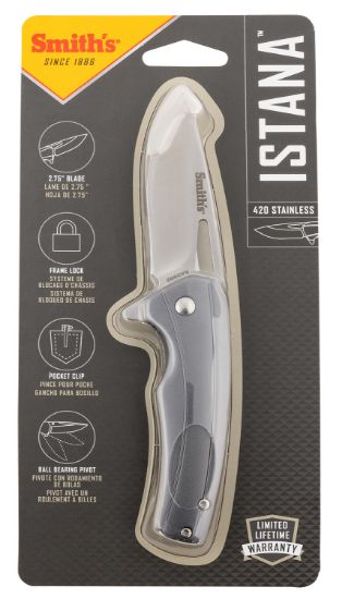 Picture of Smiths Products 51246 Istana 2.75" Folding Drop Point Plain Satin 400 Ss Blade/Gray Anodized Aluminum Handle Includes Pocket Clip 