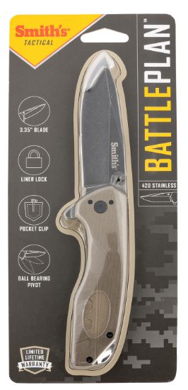 Picture of Smiths Products 50995 Battleplan 3.35" Folding Drop Point Plain Black Stonewashed 400 Ss Blade/ Desert Tan G10 Handle Includes Pocket Clip 