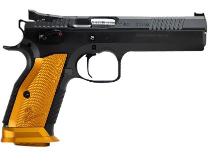 Picture of Cz-Usa 91266 Ts 2 9Mm Luger 20+1 5.28" Stainless Bull Barrel, Black Serrated Steel Slide, Black Polycoat Steel Frame W/Beavertail, Orange Checkered Aluminum Grip 