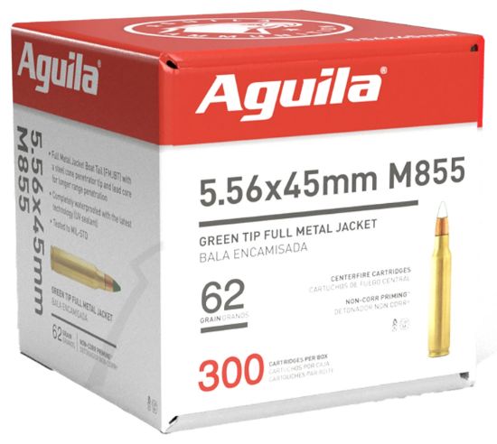 Picture of Aguila 1E556125 Green Tip M855 5.56X45mm Nato 62Gr Full Metal Jacket Boat Tail 300 Per Box/4 Case 