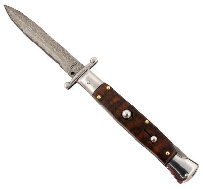 Picture of Steel River Knives Sgswrdam Spartan 3.9" Italian Bayonet Damascus 5.1" Snakewood Buffalo Horn Handle Side Open 