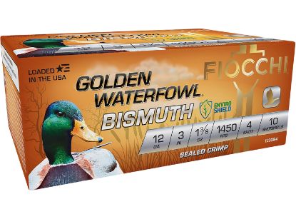 Picture of Fiocchi 123Gb4 Golden Waterfowl Bismuth 12 Gauge 3" 1 3/8 Oz 4 Shot 10 Per Box/ 10 Case 