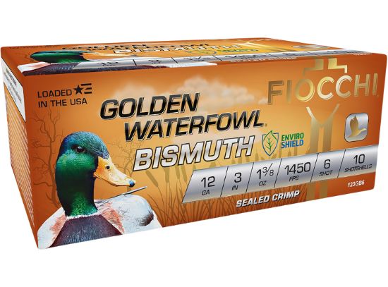 Picture of Fiocchi 123Gb6 Golden Waterfowl Bismuth 12 Gauge 3" 1 3/8 Oz 6 Shot 10 Per Box/ 10 Case 