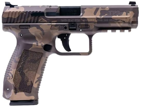 Picture of Canik Hg4865wbn Tp9sf 9Mm Luger 18+1 4.46" Black Match Grade Barrel, Woodland Bronze Camo Serrated Steel Slide & Polymer Frame W/Picatinny Rail, Black Interchangeable Backstrap Grip 