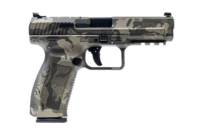 Picture of Canik Hg4865wgn Tp9sf Full Size Frame 9Mm Luger 18+1 4.46" Black Nitride Match Grade Barrel, Woodland Camo Serrated Steel Slide & Polymer Frame W/Picatinny Rail, Black Interchangeable Backstrap Grip 