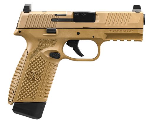 Picture of Fn 66101388 545 Mrd Full Size 45 Acp 15+1, 4.10" Black Target Crown Steel Barrel, Flat Dark Earth Pvd Optic Cut/Serrated Steel Slide & Polymer Frame W/Picatinny Rail, Ambidextrous 