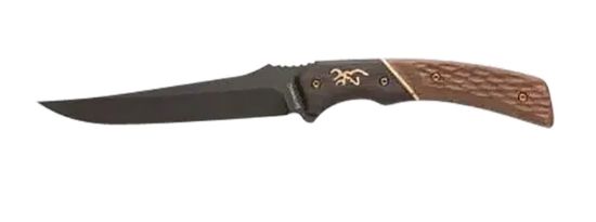 Picture of Browning 3220394 Hunter Trail Knife 4.50" Fixed Trailing Drop Point Blade, Black Stonewashed 440C Stainless Steel, Two-Toned Jigged Wood Handle W/Bronze Accents, Includes Leather Sheath 