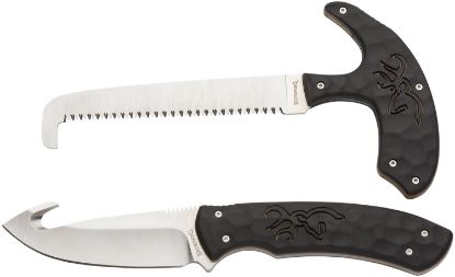 Picture of Browning 3220420 Primal Combo Boxed 3.75"/5.25" Fixed Drop Point Gut Hook/Skinner, Saw 8Cr13mov Ss Blade, Black Polymer W/Rubber Overmold Handle, 2 Piece, Includes Sheath 