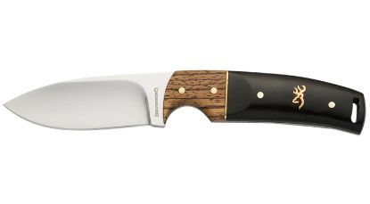 Picture of Browning 3220271 Buckmark Hunter Edc 3.13" Fixed Drop Point, Plain Mirror Polished 8Cr14mov Ss Blade, Black/Zebra Finger Grooved W/Brass Accents Hardwood Handle, Includes Sheath 