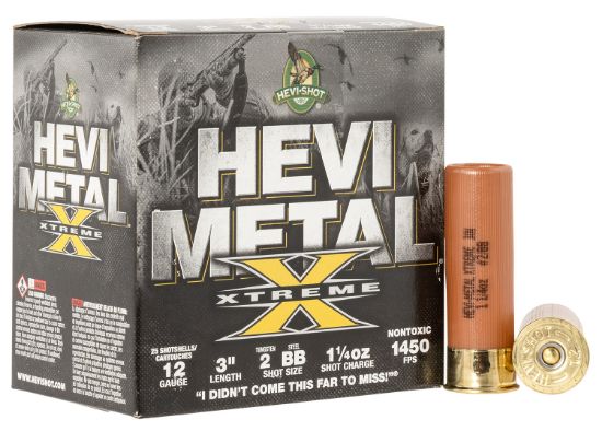 Picture of Hevi-Shot Hs38188 Hevi-Metal Extreme 12 Gauge 3" 1 1/4 Oz Steel/ Tungsten 2/Bb Shot 25 Per Box/ 10 Case 