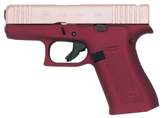 Picture of Glock Px4350204frmoshh G43x Mos Sub-Compact 9Mm Luger 10+1 3.41" Black Gmb Barre Pink Cerakote Mos Cut/Serrated Steel Slid Happy Hour Cerakote Polymer Frame W/Beavertail & Picatinny Rail Ambidextrous 