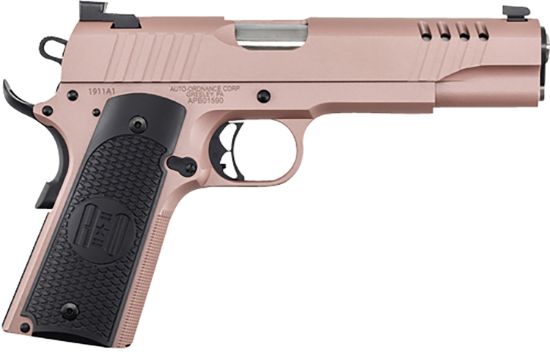 Picture of Auto-Ordnance 1911Tcac8 1911 45 Acp 7+1 5" Stainless Steel Barrel, Serrated Stainless Steel Slide, Rose Gold Cerakote Steel Frame W/Beavertail, Armor Black Cerakote Engraved Aluminum Grip 