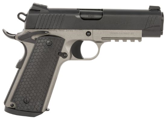 Picture of Eaa Girsan 392077 Mc1911 C Untouchable Compact Frame 9Mm Luger 9+1 4.40" Black Steel Barrel, Black Serrated Steel Slide, Stainless Steel Frame W/Beavertail & Picatinny Rail, Black Polymer Grip 