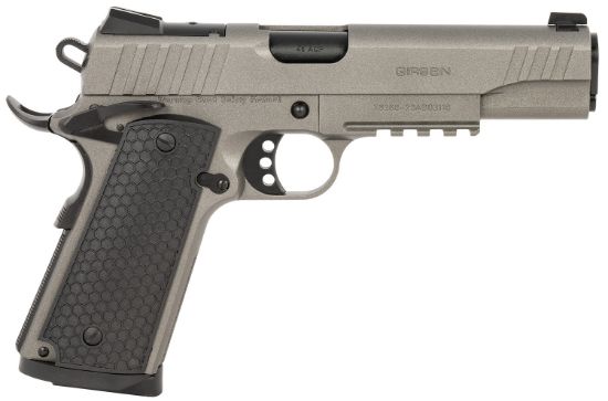 Picture of Girsan 391147 Mc1911 S Influencer Full Size 45 Acp 8+1 5" Black Steel Barrel, Tungsten Gray Cerakote Optic Ready/Serrated Steel Slide & Frame W/Picatinny Rail & Beavertail, Gray Polymer Grip 