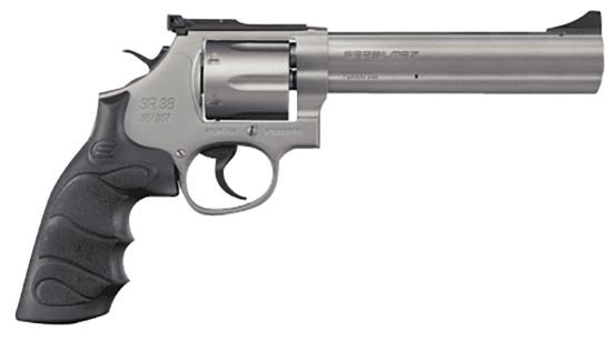 Picture of Sar Usa Sarsr38st6 Sar Sr 38 Special/357 Mag 6 Shot, 6" Stainless Steel Barrel, Cylinder & Frame W/Black Finger Groove Grip, Drop Safety/Hammer Block Safety, Exposed Hammer 