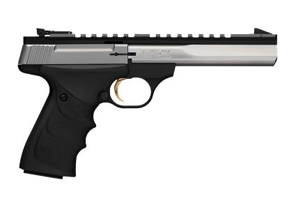 Picture of Browning 051507490 Buck Mark Contour 22 Lr 10+1, 5.50" Polished Flats Contoured Barrel, Matte Stainless Serrated W/Picatinny Rail Slide, Matte Black Anodized Frame, Black Urx Grip, Ambidextrous 