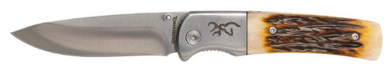 Picture of Browning 3220500B Buckmark Hunter 3" Folding Drop Point Plain Stonewashed 8Cr13mov Ss Blade/Jigged Bone Handle Boxed 