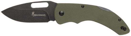 Picture of Browning 3220506B Hidden Hollow Edc Large 3" Folding Drop Point Plain Black Oxide Stonewashed D2 Steel Blade, Od Green G10 Handle 