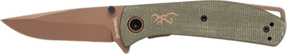 Picture of Browning 3220516 Trailside Edc Small 3" Folding Modified Drop Point Plain Titanium Finish D2 Steel Blade, Green Micarta Handle 