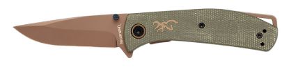 Picture of Browning 3220516B Trailside Edc Small 3" Folding Modified Drop Point Plain Titanium Finish D2 Steel Blade, Green Micarta Handle, Boxed Pkg 