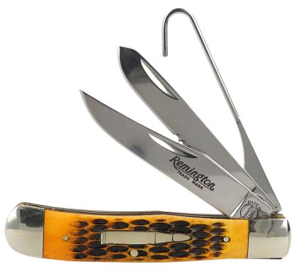 Picture of Remington Accessories R15696 Bullet Waterfowler Pocket Folding Clip Point/Gut Hook/Spey Gut Hook/Part Serrated/Plain Polished Carbon Steel Blade, Burnt Dark Amber Jigged Bone Handle 