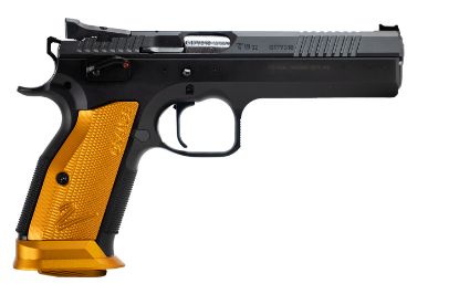 Picture of Cz-Usa 91265 Ts2 40 S&W 17+1 5.20" Black Bull Barrel, Black Slide, Black Polycoat Frame, Orange Checkered Aluminum Grip 