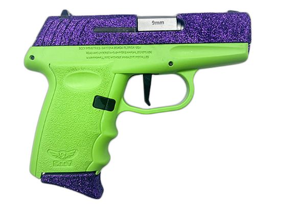 Picture of Sccy Industries Dvg1dflg Dvg-1 Sub-Compact Frame 9Mm Luger 10+1 3.10" Stainless Quadlock Barrel, Purple Glitter Optic Ready/Serrated Stainless Steel Slide, Lime Green Polymer Frame & Grip 