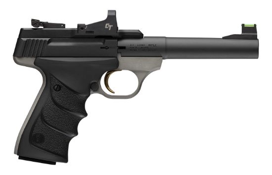 Picture of Browning 051591490 Buck Mark Practical W/Optic 22 Lr 10+1 5.50" Matte Blued Tapered Bull Barrel, Matte Gray Serrated Slide, Matte Gray Aluminum Frame, Crimson Trace Red Dot 