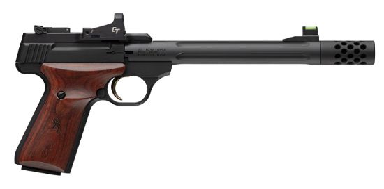 Picture of Browning 051593490 Buckmark Hunter W/Optic 22 Lr 10+1 7.65" Matte Blued Steel Threaded Barrel, Matte Black Slide, Rosewood Laminate W/Gold Buckmark Grip, Crimson Trace Red Dot 